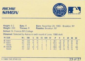 1989 Star Osceola Astros #23 Richie Simon Back