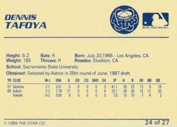 1989 Star Osceola Astros #24 Dennis Tafoya Back