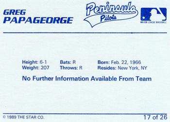 1989 Star Peninsula Pilots #17 Greg Papageorge Back