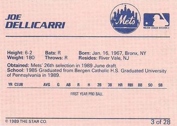 1989 Star Pittsfield Mets #3 Joe Dellicarri Back