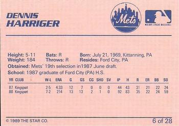 1989 Star Pittsfield Mets #6 Dennis Harriger Back
