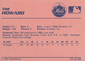 1989 Star Pittsfield Mets #10 Tim Howard Back