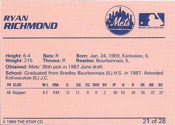 1989 Star Pittsfield Mets #21 Ryan Richmond Back