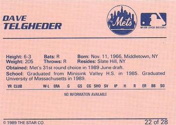 1989 Star Pittsfield Mets #22 Dave Telgheder Back
