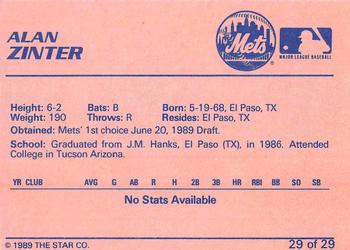 1989 Star Pittsfield Mets #29 Alan Zinter Back