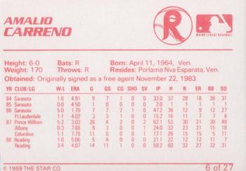 1989 Star Reading Phillies #6 Amalio Carreno Back