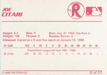 1989 Star Reading Phillies #8 Joe Citari Back