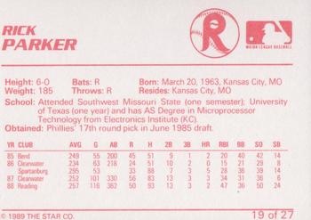 1989 Star Reading Phillies #19 Rick Parker Back