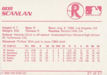 1989 Star Reading Phillies #21 Bob Scanlan Back