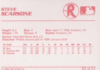 1989 Star Reading Phillies #22 Steve Scarsone Back