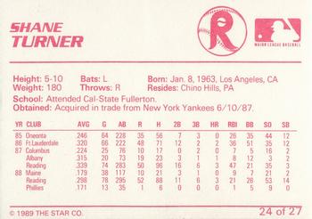 1989 Star Reading Phillies #24 Shane Turner Back