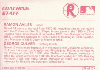 1989 Star Reading Phillies #26 Ramon Aviles / George Culver Back