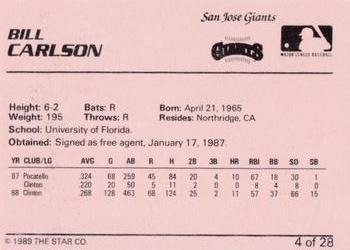 1989 Star San Jose Giants #4 Bill Carlson Back