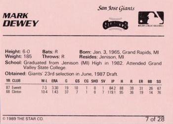 1989 Star San Jose Giants #7 Mark Dewey Back