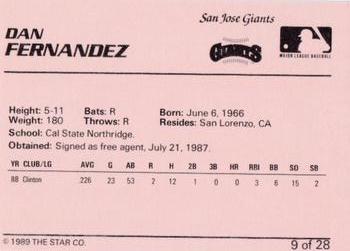 1989 Star San Jose Giants #9 Dan Fernandez Back