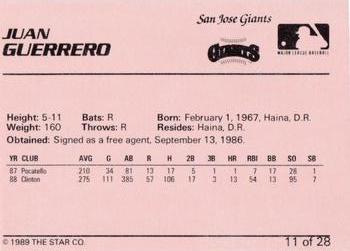 1989 Star San Jose Giants #11 Juan Guerrero Back