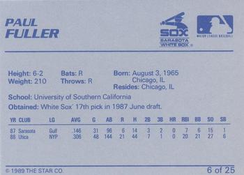 1989 Star Sarasota White Sox #6 Paul Fuller Back