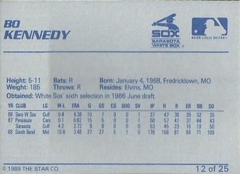 1989 Star Sarasota White Sox #12 Bo Kennedy Back