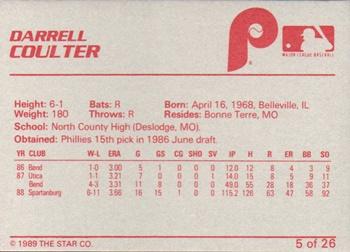 1989 Star Spartanburg Phillies #5 Darrell Coulter Back