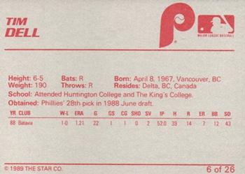 1989 Star Spartanburg Phillies #6 Tim Dell Back