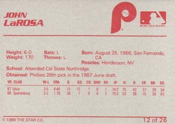 1989 Star Spartanburg Phillies #12 John LaRosa Back