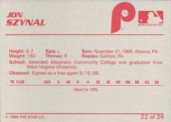 1989 Star Spartanburg Phillies #22 Jon Szynal Back