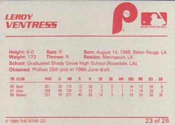 1989 Star Spartanburg Phillies #23 Leroy Ventress Back