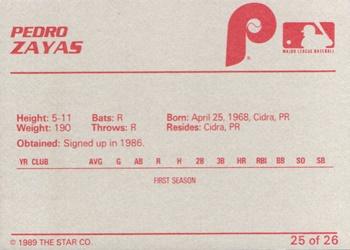 1989 Star Spartanburg Phillies #25 Pedro Zayas Back