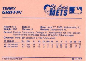 1989 Star St. Lucie Mets #8 Terry Griffin Back