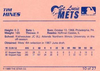 1989 Star St. Lucie Mets #10 Tim Hines Back