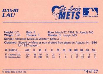 1989 Star St. Lucie Mets #14 David Lau Back