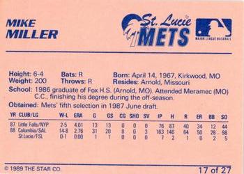 1989 Star St. Lucie Mets #17 Mike Miller Back