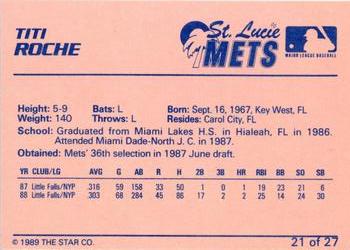 1989 Star St. Lucie Mets #21 Titi Roche Back