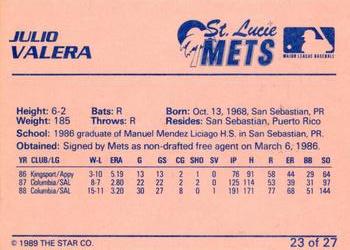 1989 Star St. Lucie Mets #23 Julio Valera Back
