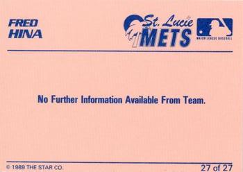 1989 Star St. Lucie Mets #27 Fred Hina Back