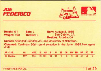 1989 Star St. Petersburg Cardinals #11 Joe Federico Back