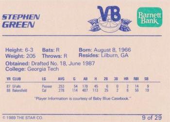 1989 Star Vero Beach Dodgers #9 Stephen Green Back