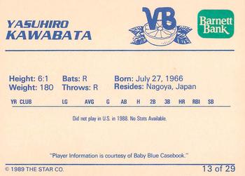 1989 Star Vero Beach Dodgers #13 Yasuhiro Kawabata Back
