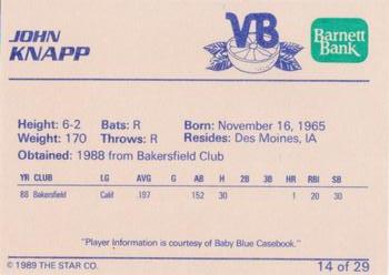 1989 Star Vero Beach Dodgers #14 John Knapp Back