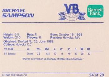 1989 Star Vero Beach Dodgers #24 Michael Sampson Back