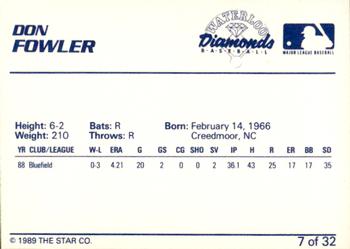 1989 Star Waterloo Diamonds #7 Don Fowler Back