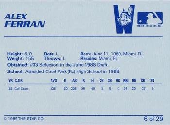 1989 Star Watertown Indians #6 Alex Ferran Back