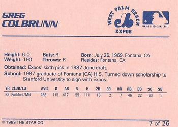 1989 Star West Palm Beach Expos #7 Greg Colbrunn Back