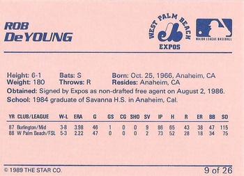 1989 Star West Palm Beach Expos #9 Rob DeYoung Back