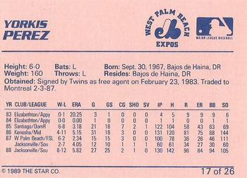 1989 Star West Palm Beach Expos #17 Yorkis Perez Back