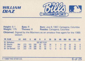 1989 Star Williamsport Bills #6 William Diaz Back