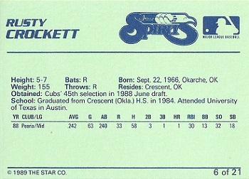 1989 Star Winston-Salem Spirits #6 Rusty Crockett Back