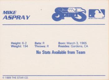 1989 Star Winston-Salem Spirits #25 Mike Aspray Back