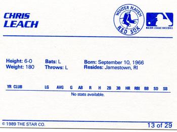1989 Star Winter Haven Red Sox #13 Chris Leach Back