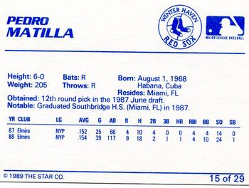 1989 Star Winter Haven Red Sox #15 Pedro Matilla Back